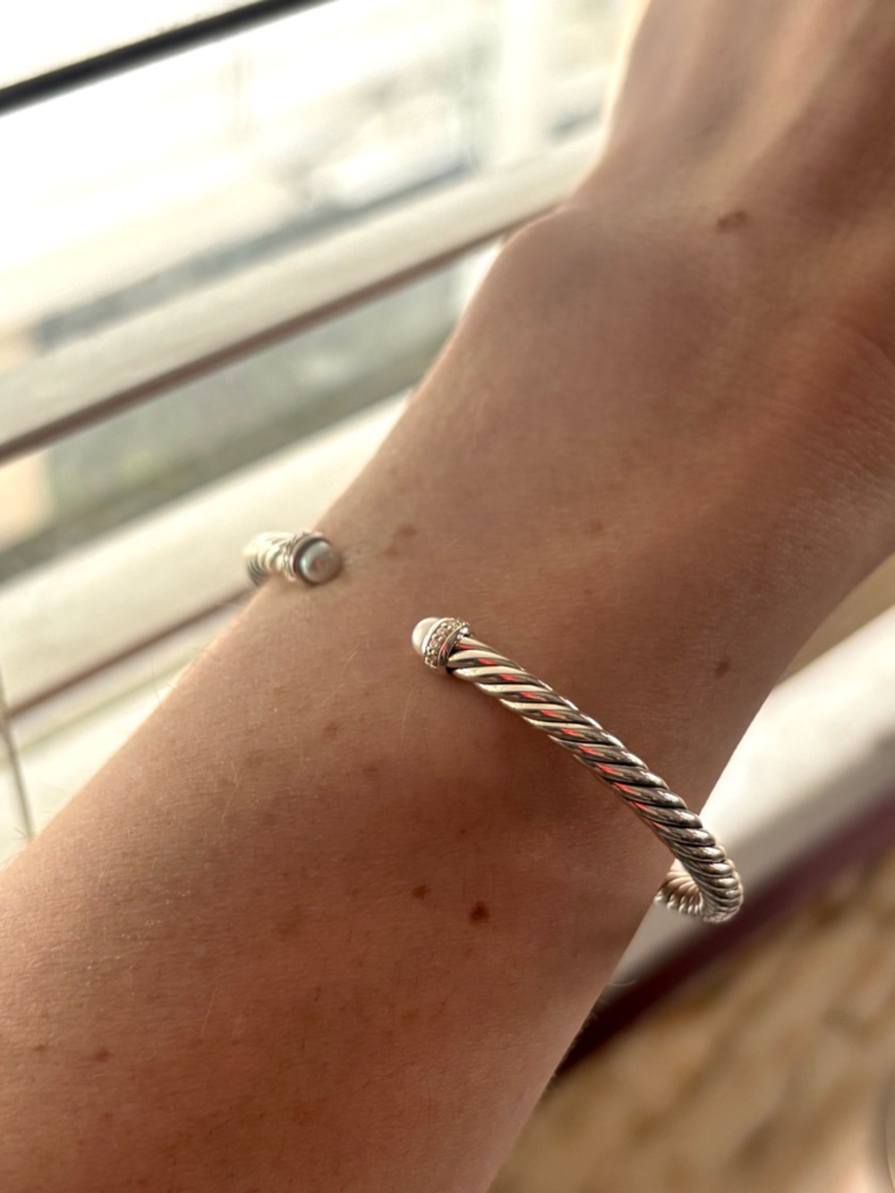 David Yurman Silver Cable Cuff with Pearl End Caps & Diamonds - Picture 8 of 11